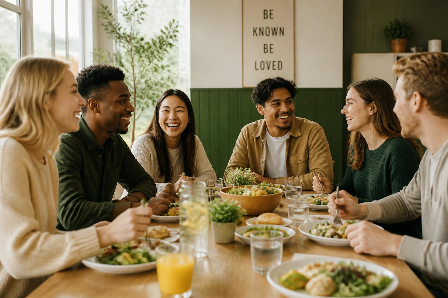 Diverse young adults sharing a meal together